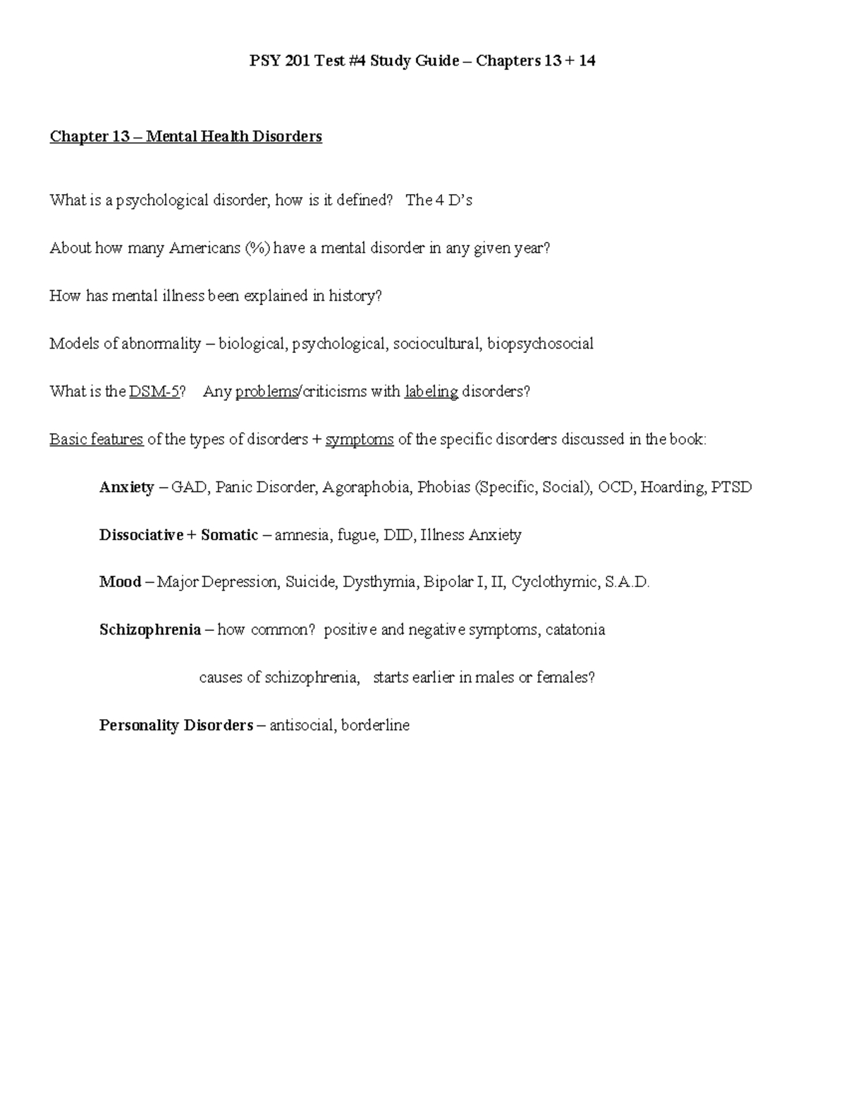 Test 4 Study Guide (Ch. 13 + 14) - PSY 201 Test #4 Study Guide ...