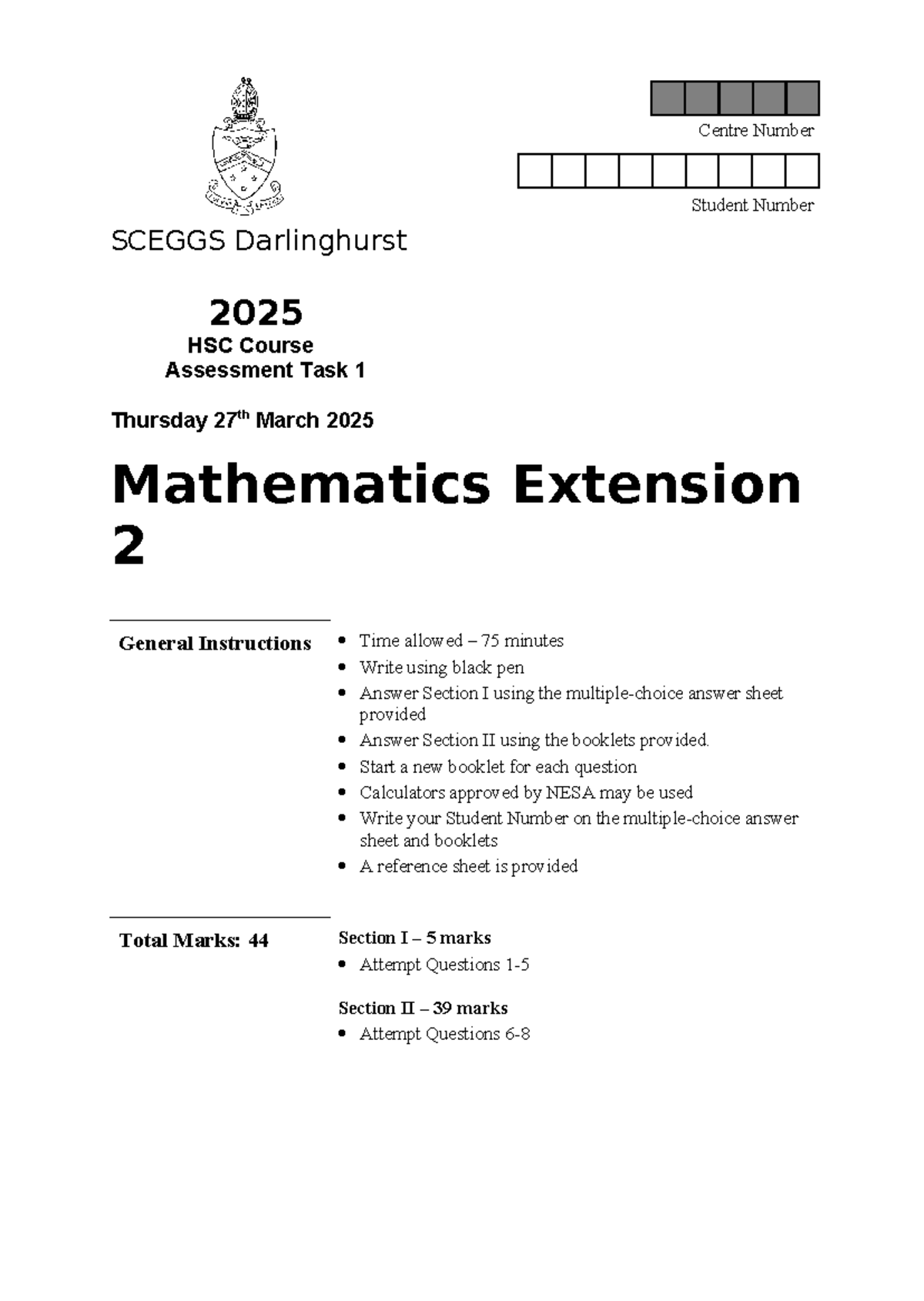 HSC Assessment Task 1 - Mathematics Extension 2 - SCEGGS 2025 - Studocu