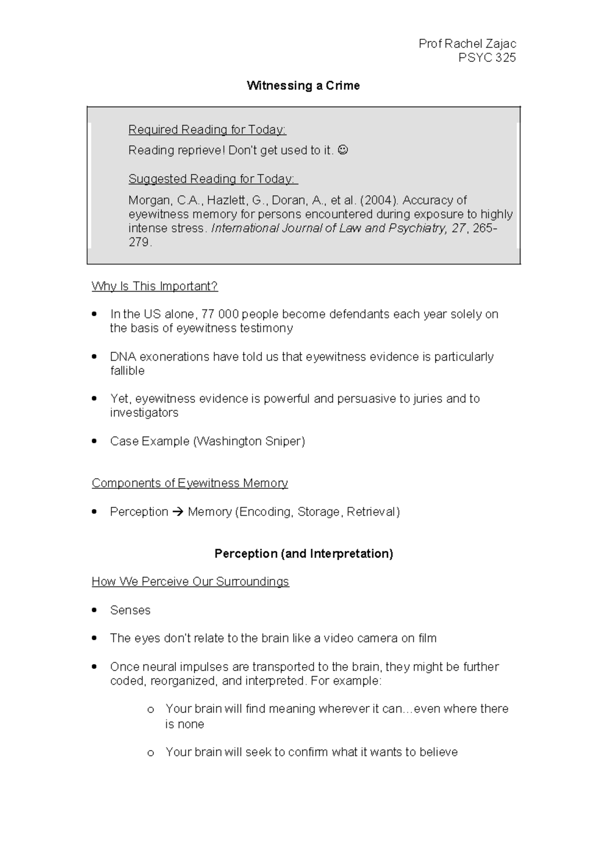PSYC 325 Lecture Notes: Eyewitness Memory and Perception Errors - Studocu