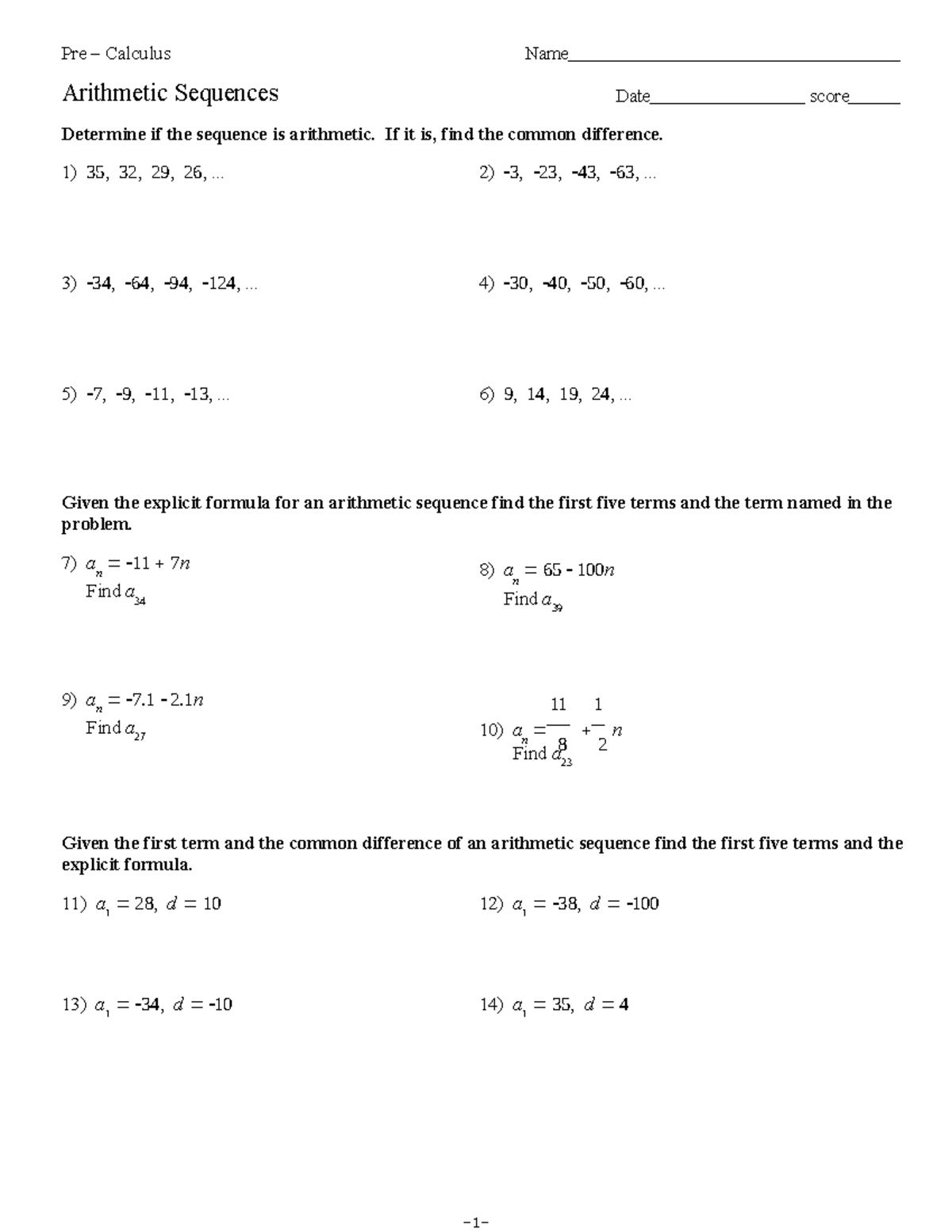 Pre Calculus: Arithmetic Sequences Practice & Solutions - Studocu