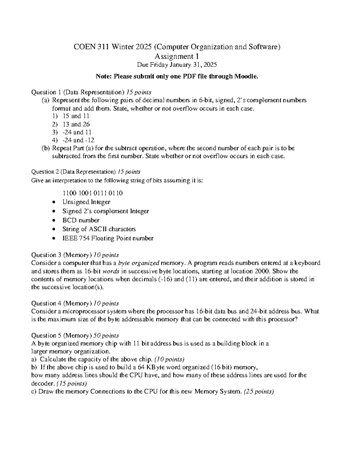 COEN 311 Winter 2025 - Assignment 1: Data Representation & Memory ...