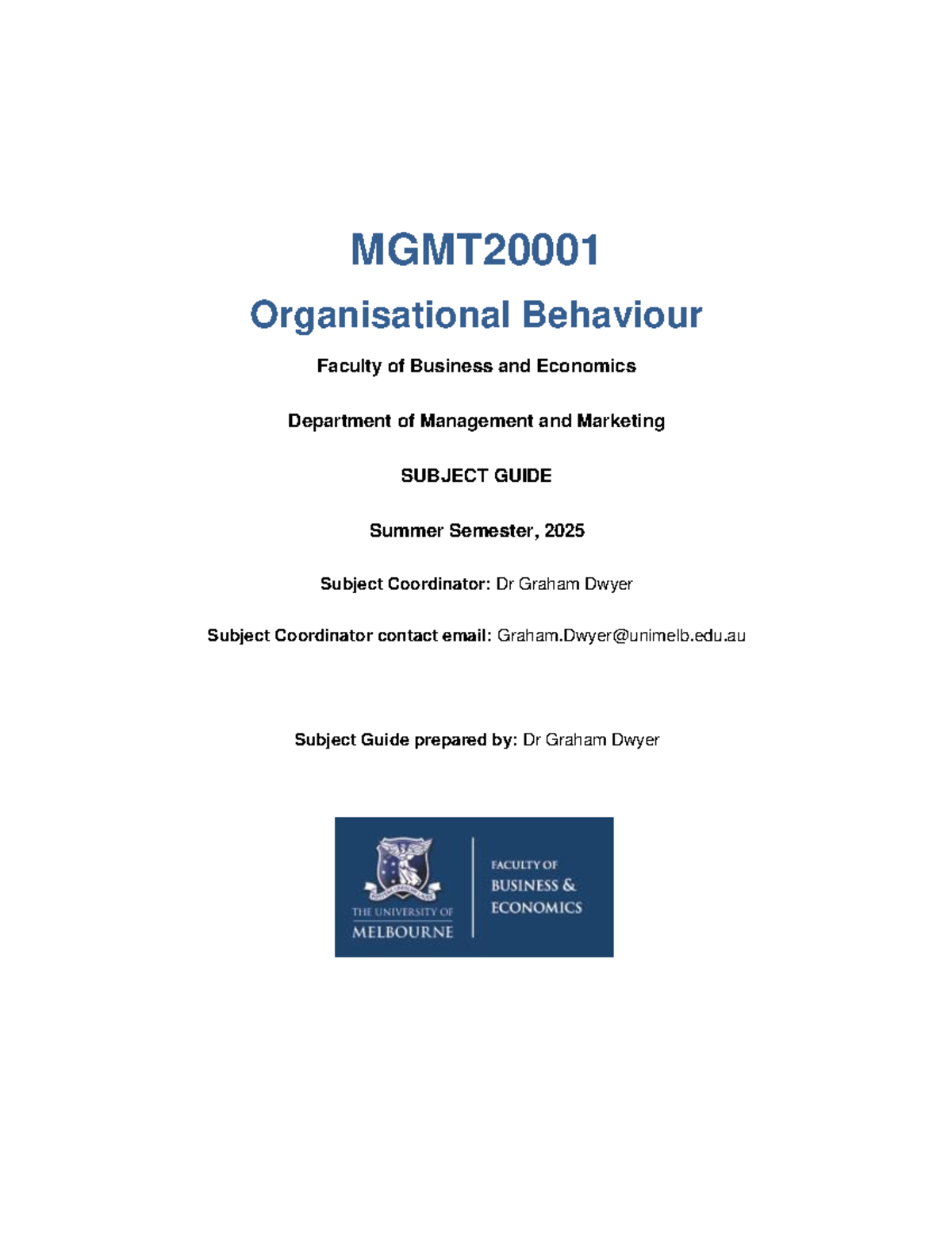 MGMT20001: OB Subject Guide for Summer Semester 2025 - Studocu