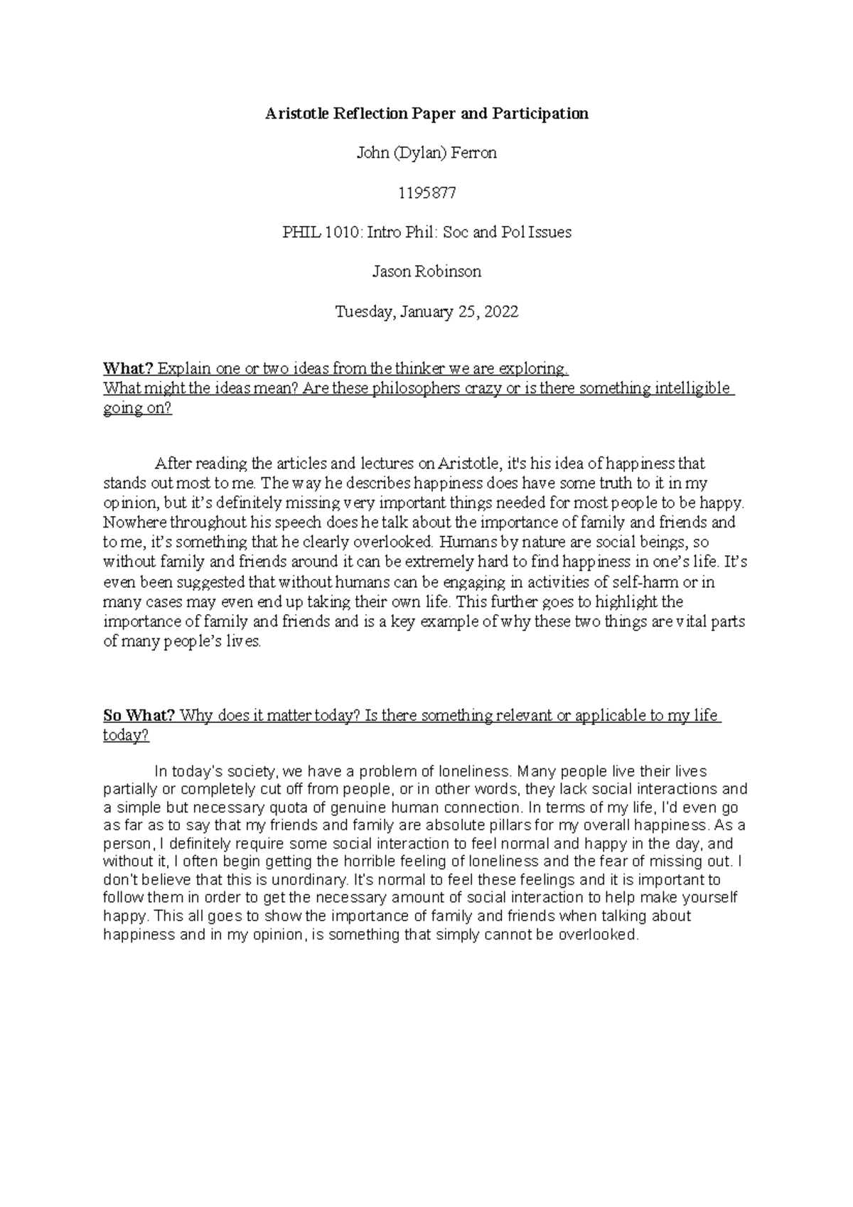 Aristotle Reflection Paper and Participation - What might the ideas ...