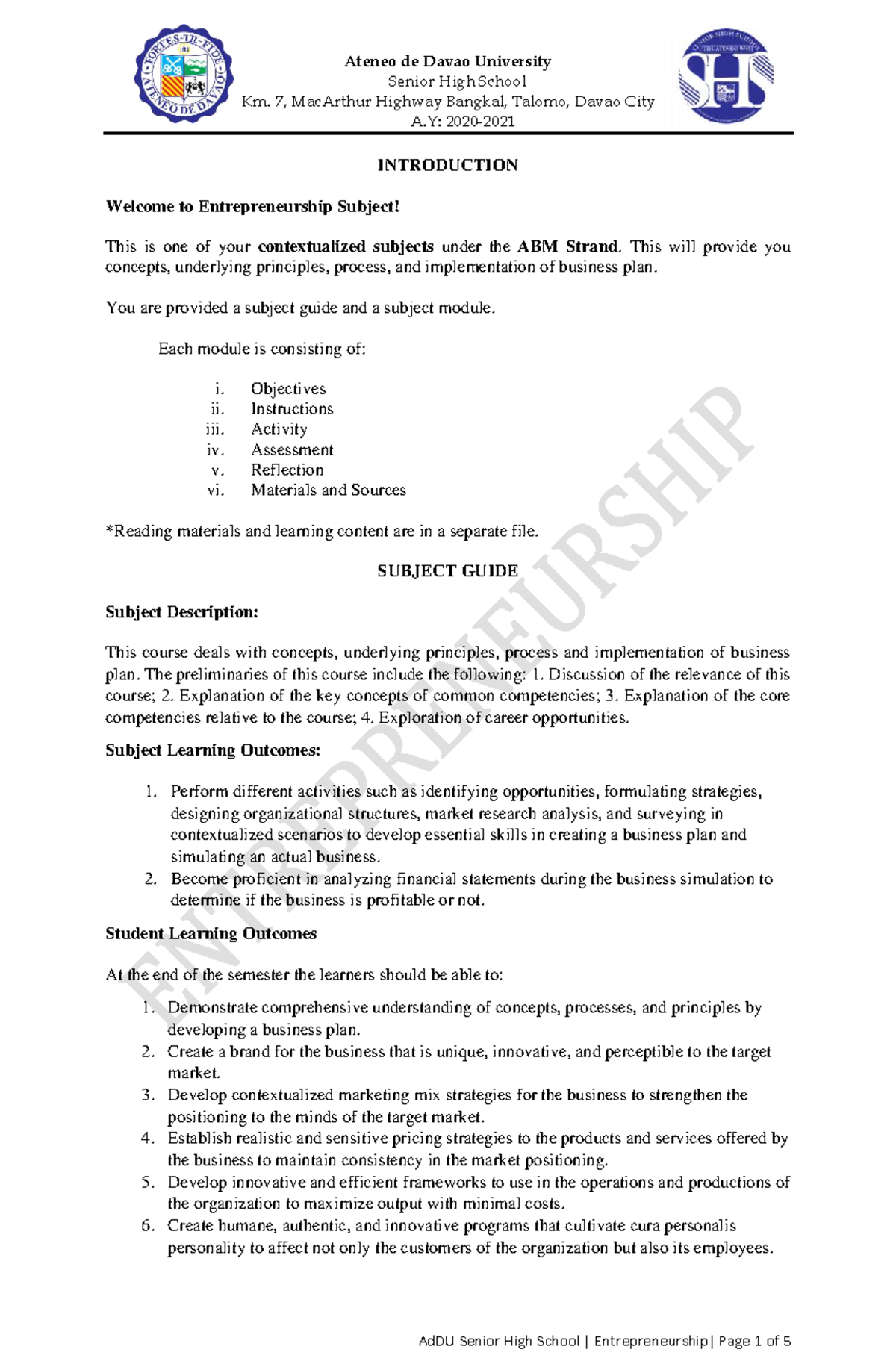 AdDU SHS Subject Guide: Entrepreneurship Overview and Learning Outcomes ...