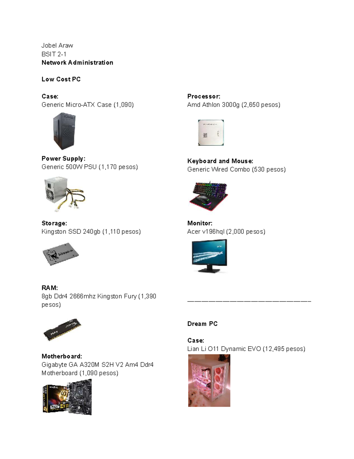 BSIT Net Ad: Low-Cost PC Build Components & Pricing Overview - Studocu