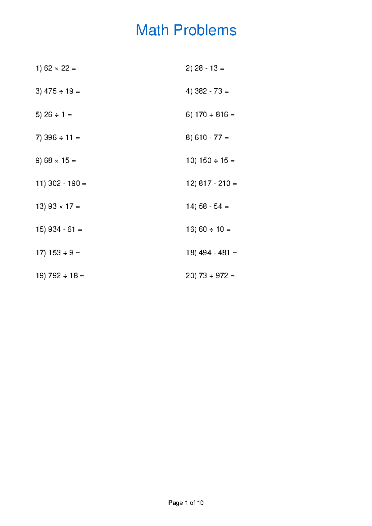 Math Problems and solutions - 1) 62 × 22 = 2) 28 - 13 = 3) 475 ÷ 19 = 4 ...