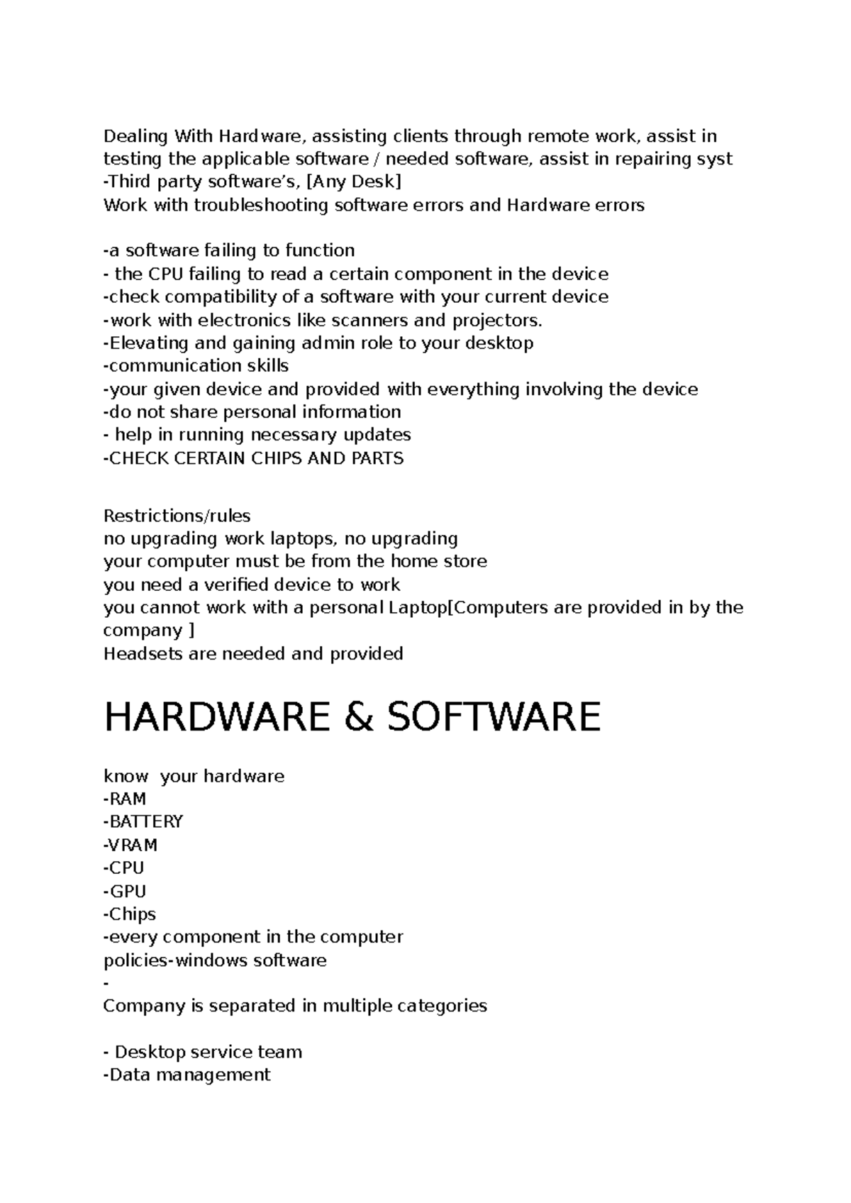 Desktop Service Team Overview: Hardware & Software Support Notes - Studocu