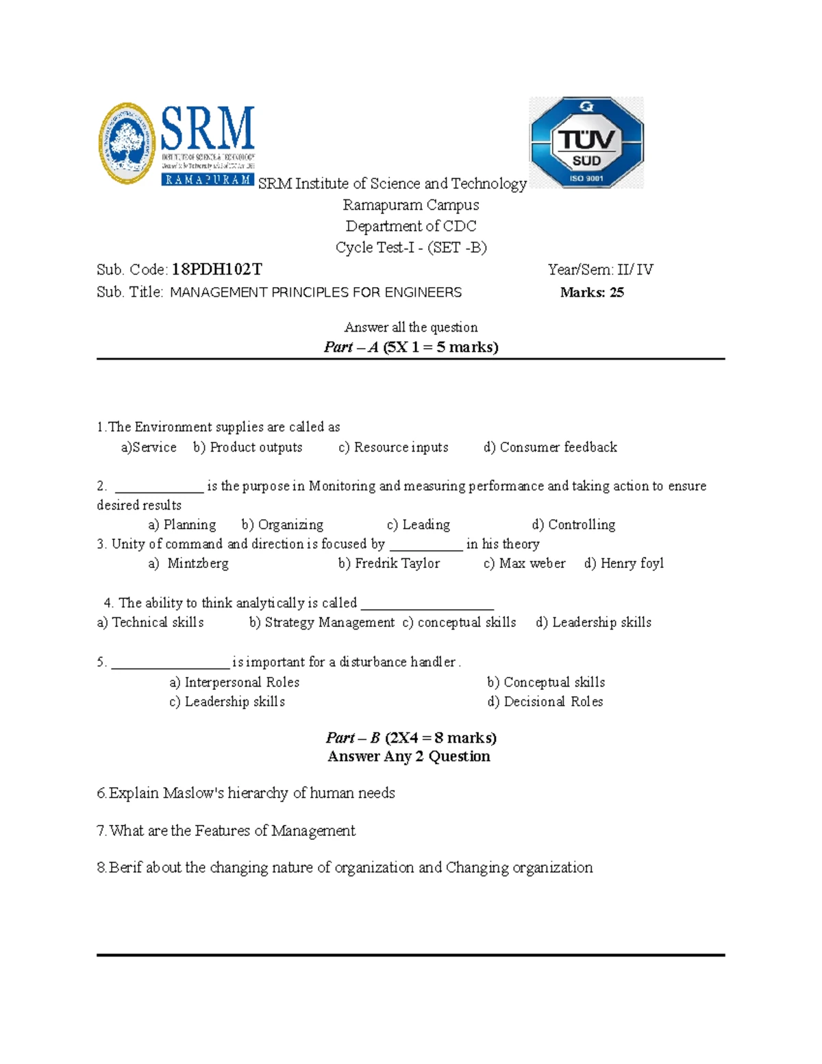 Final MPE CT-3 paper SET A - Cycle Test-3 SET-A Sub. Code: 18PDH102T ...