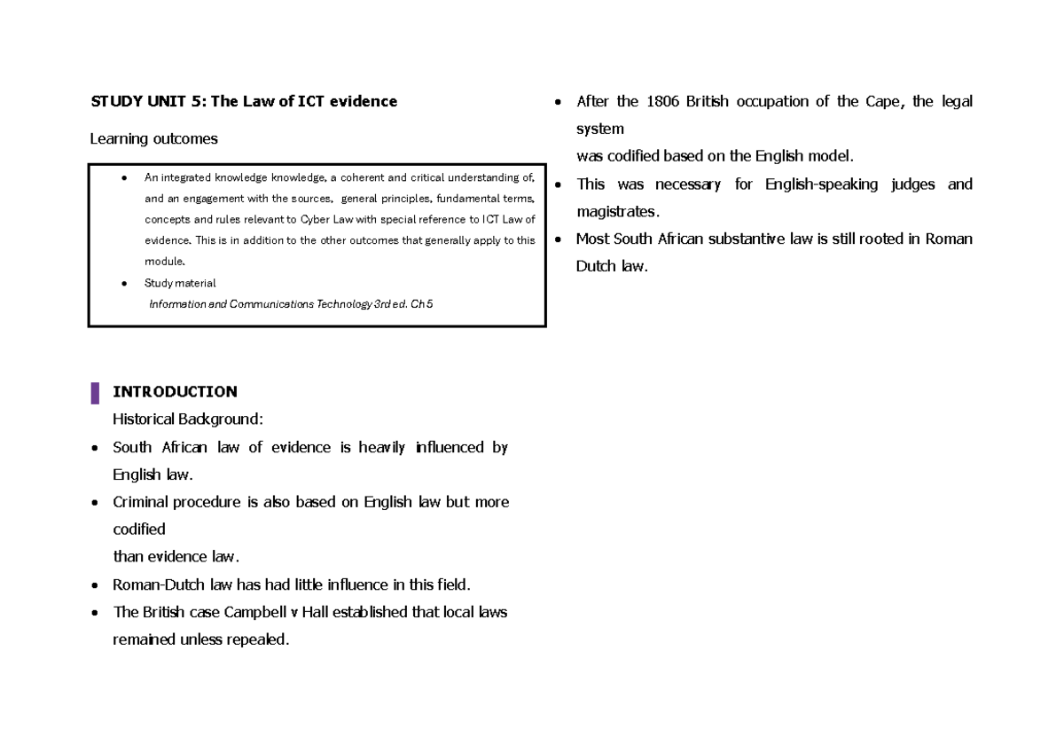 Cyber Law SU 5: The Law of ICT Evidence System Overview - Studocu