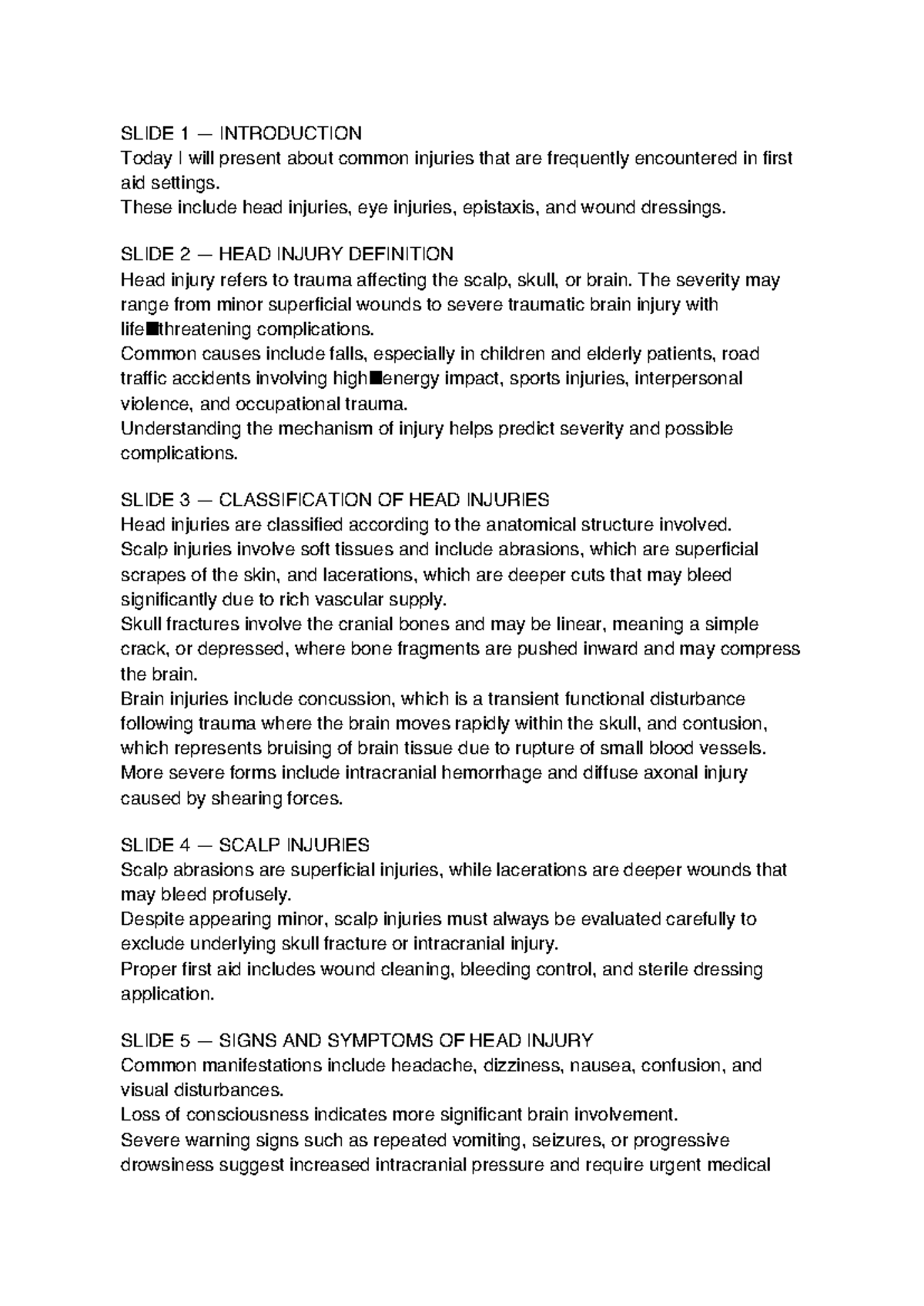 First Aid Summary: Common Injuries & Management Techniques - Studocu