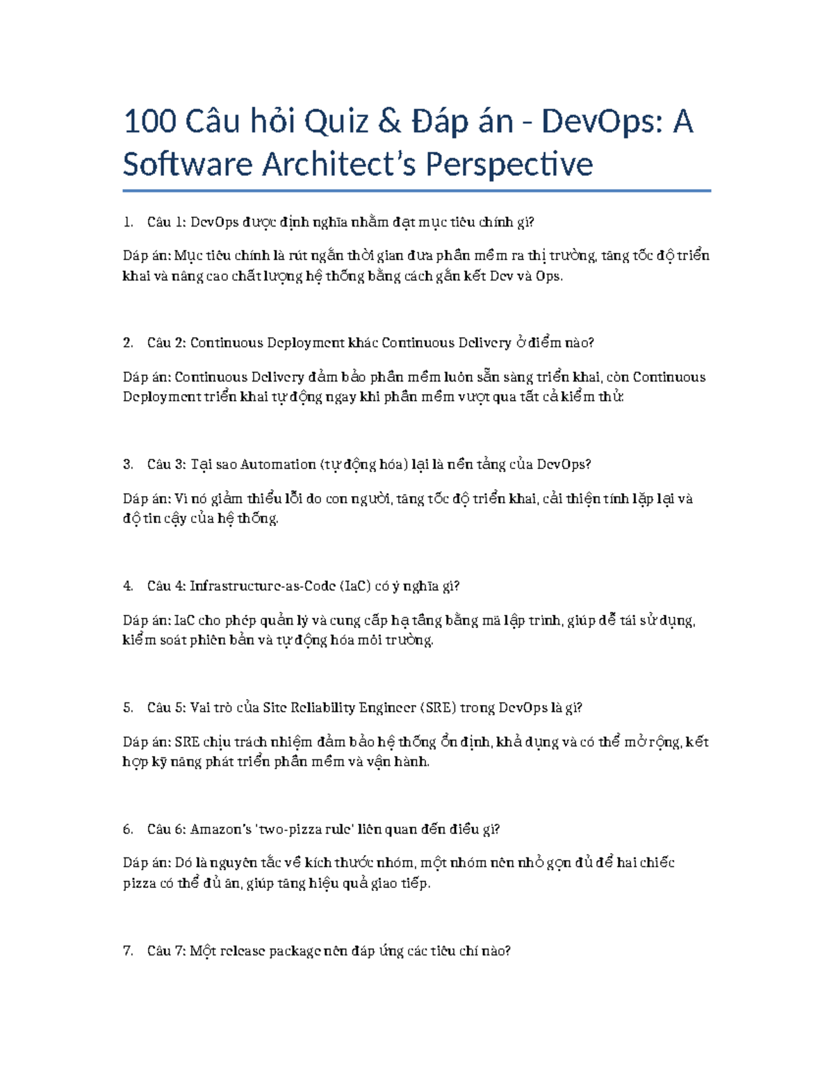 Quiz 100 Câu Hỏi Đáp Án DevOps: A Software Perspective - Studocu