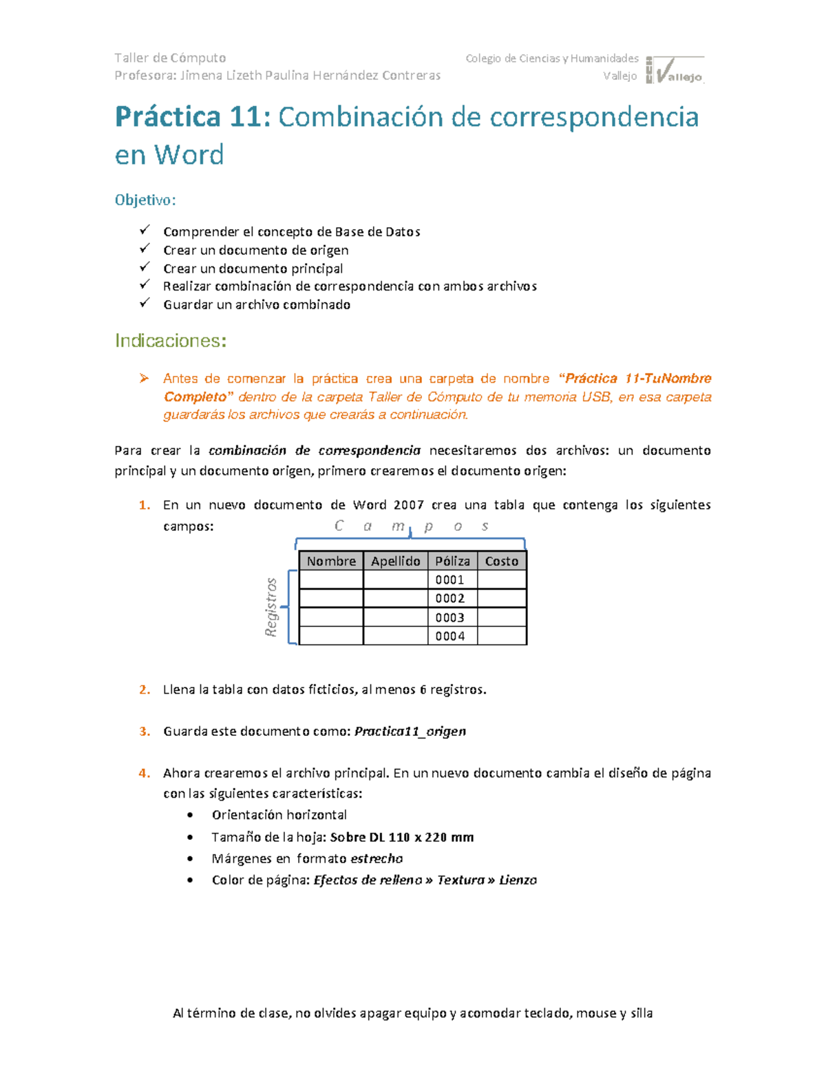 Práctica 11: Combinación de Correspondencia en Word - Taller de Cómputo - Document Preview