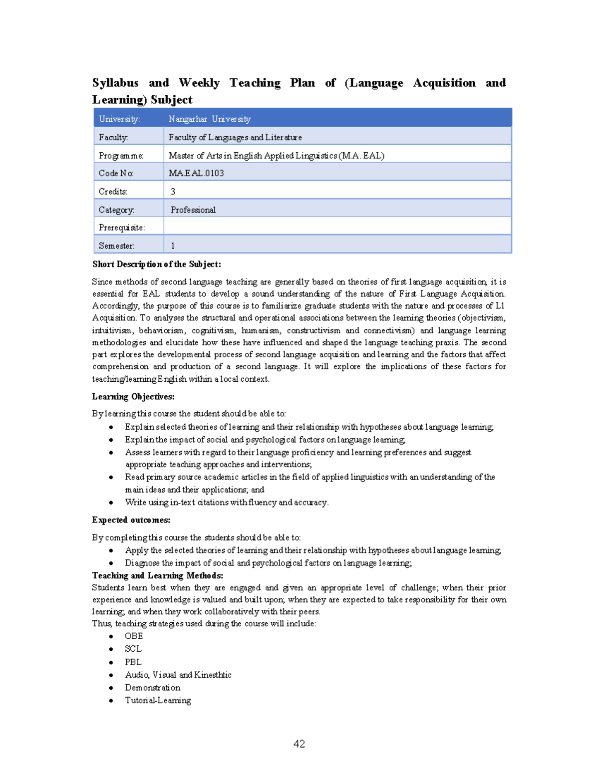 Syllabus and Weekly Teaching Plan for MA.EAL.0103: Language Acquisition ...