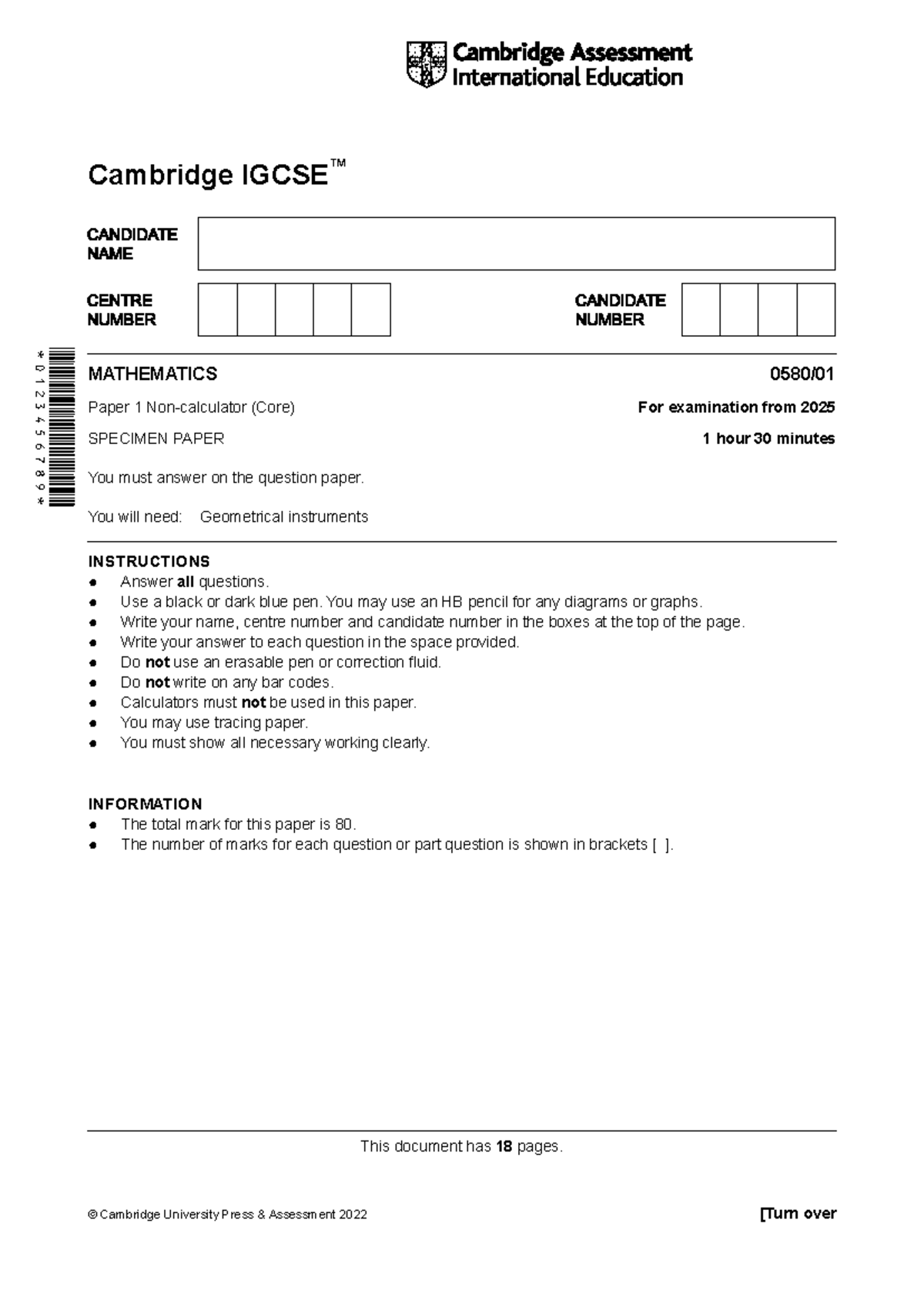Cambridge 2025 Specimen Paper 1 - Mathematics Exam Guide - Studocu