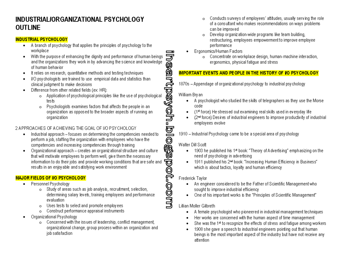 I/O Psychology Study Guide: Key Concepts and Historical Insights - Studocu