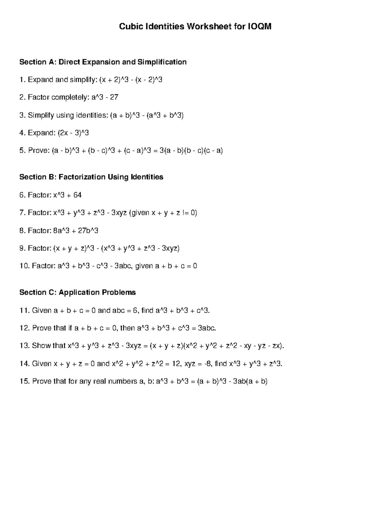 Cubic Identities Worksheet for IOQM: Expansion, Simplification ...