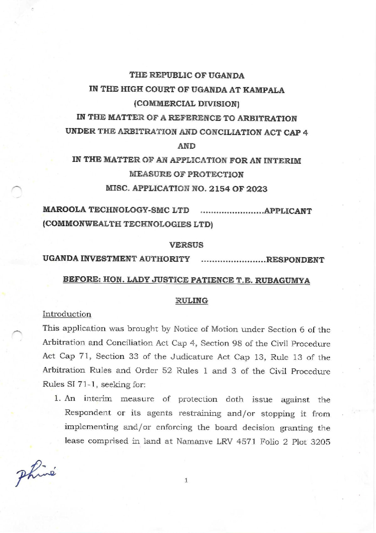 Maroola Ltd v Uganda Investment Authority: Ruling on Misc. App. 2154/ ...