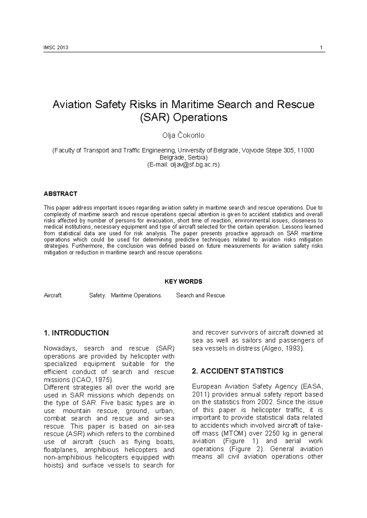 IMSC 2013: Aviation Safety Risks in Maritime SAR Operations - Studocu