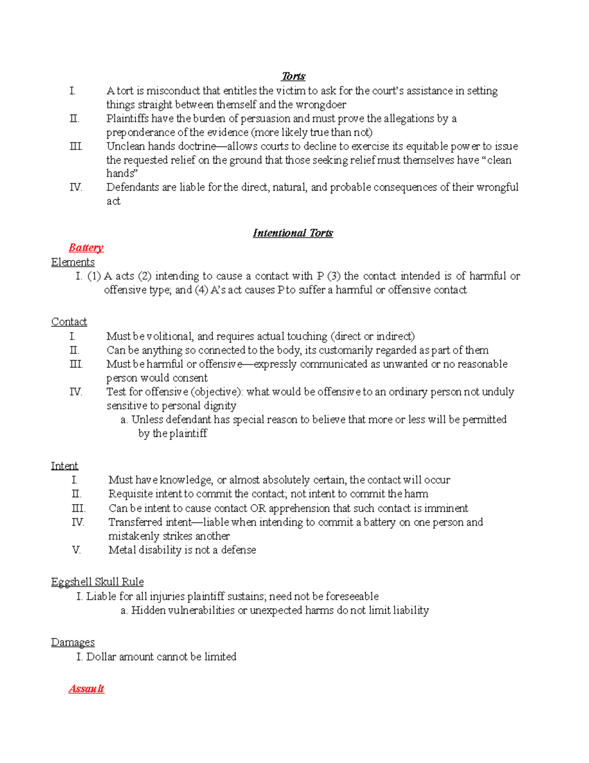 Tort Outline - Torts I. A tort is misconduct that entitles the victim ...