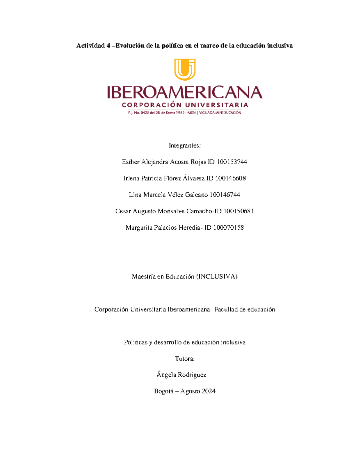 Actividad 4: Evolución de Políticas en Educación Inclusiva (Maestría) - Document Preview