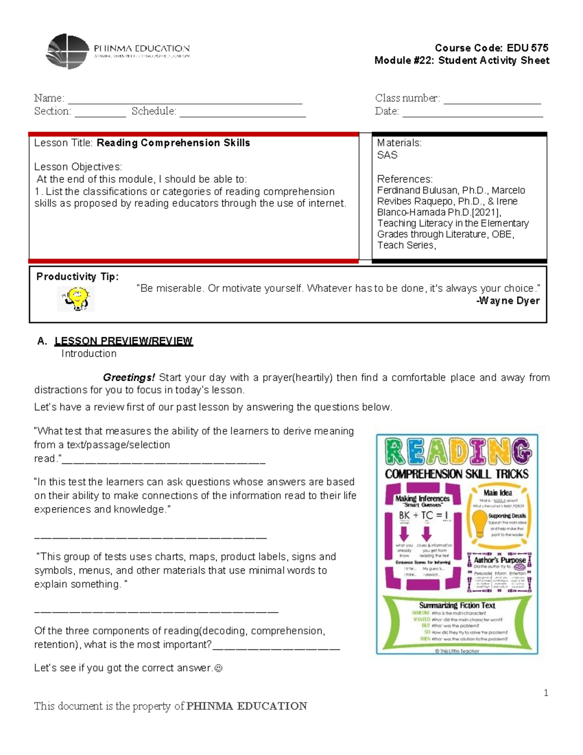 EDU 575 Lesson 22: Enhancing Reading Comprehension Skills - Studocu