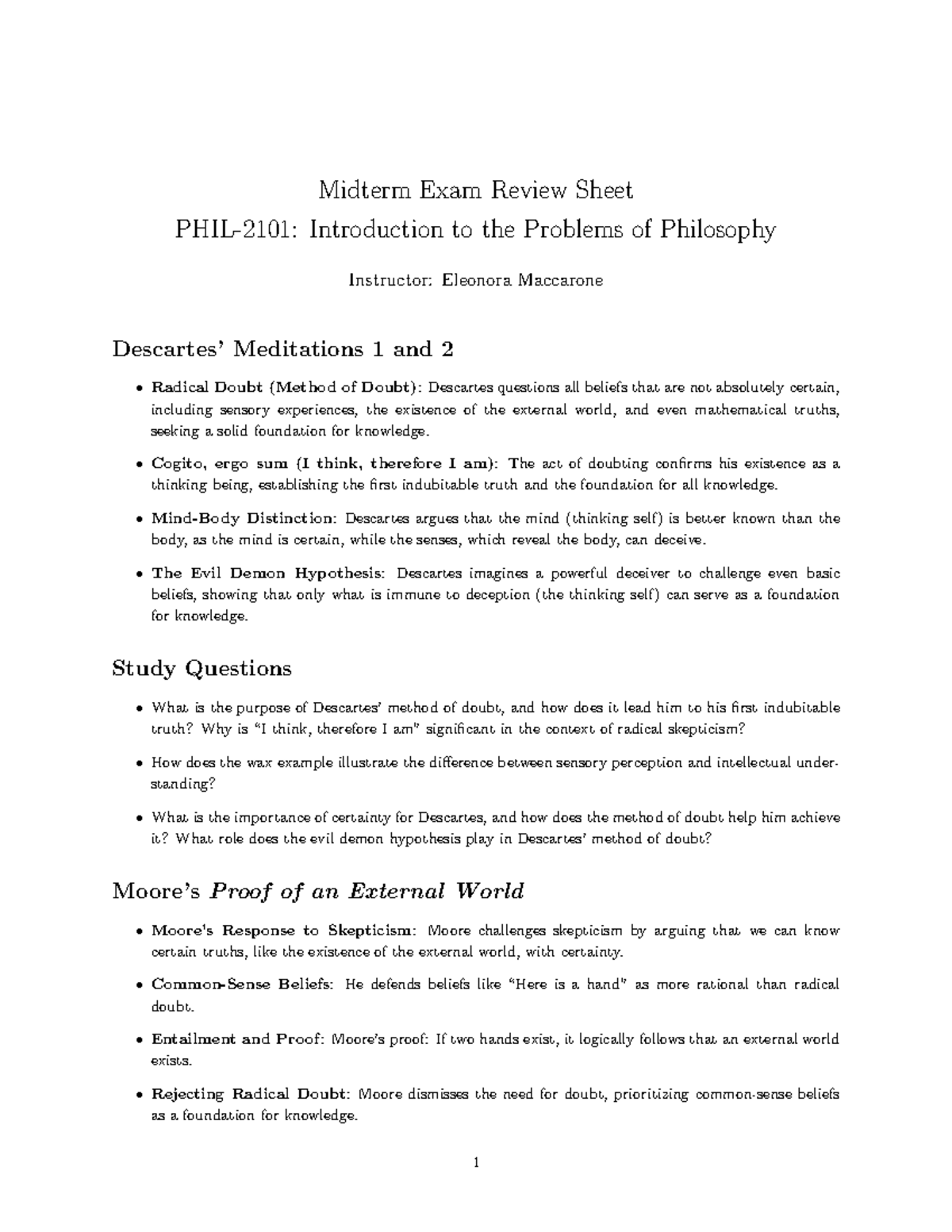 Midterm Exam Review: PHIL-2101 - Introduction to Problems of Philosophy ...