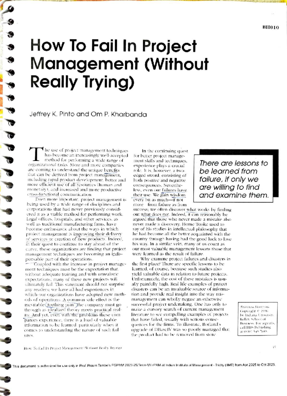 BHO10 Final Exam: Lessons from Project Management Failures - Studocu