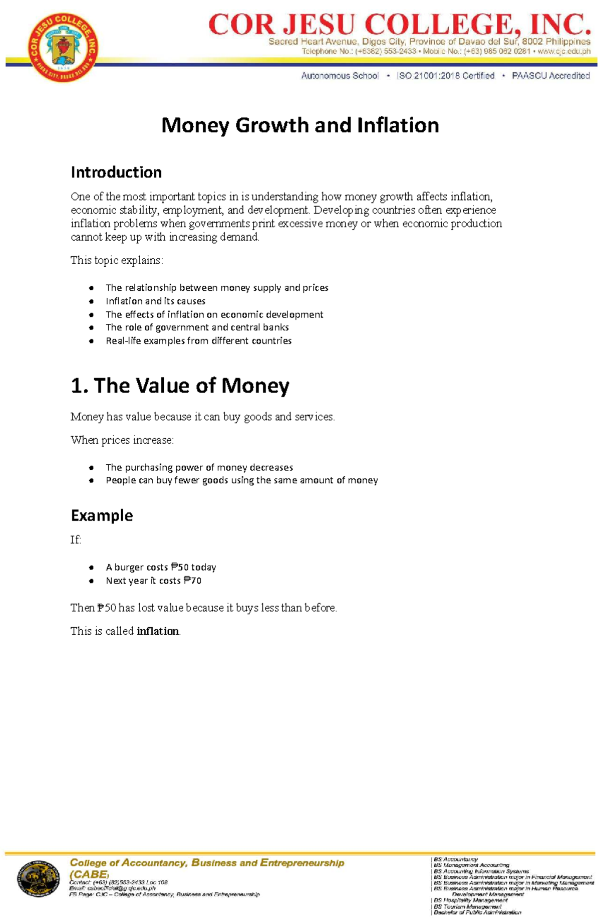 Topic 8 - Money Growth and Inflation Overview and Impacts - Studocu