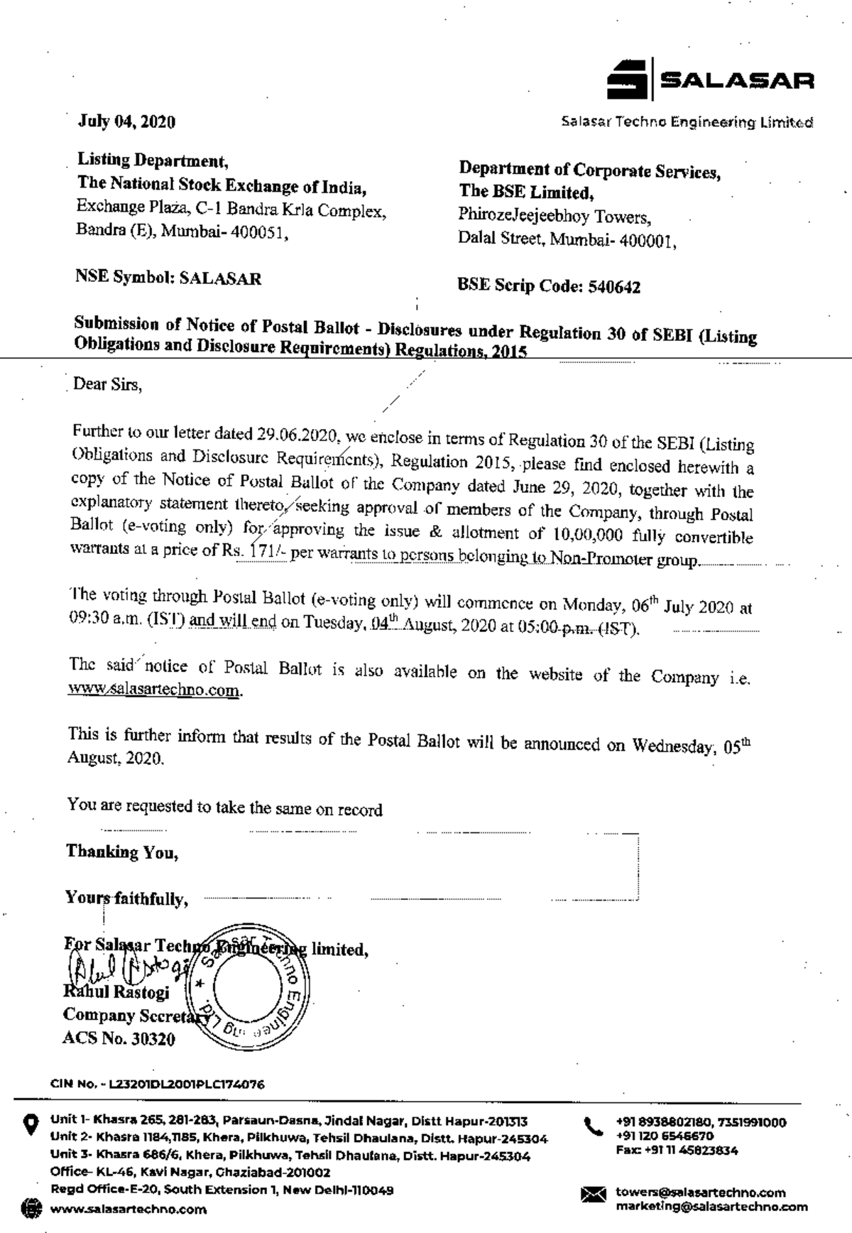 Notice of Postal Ballot for Salasar Techno Engineering Limited (CEEFD ...