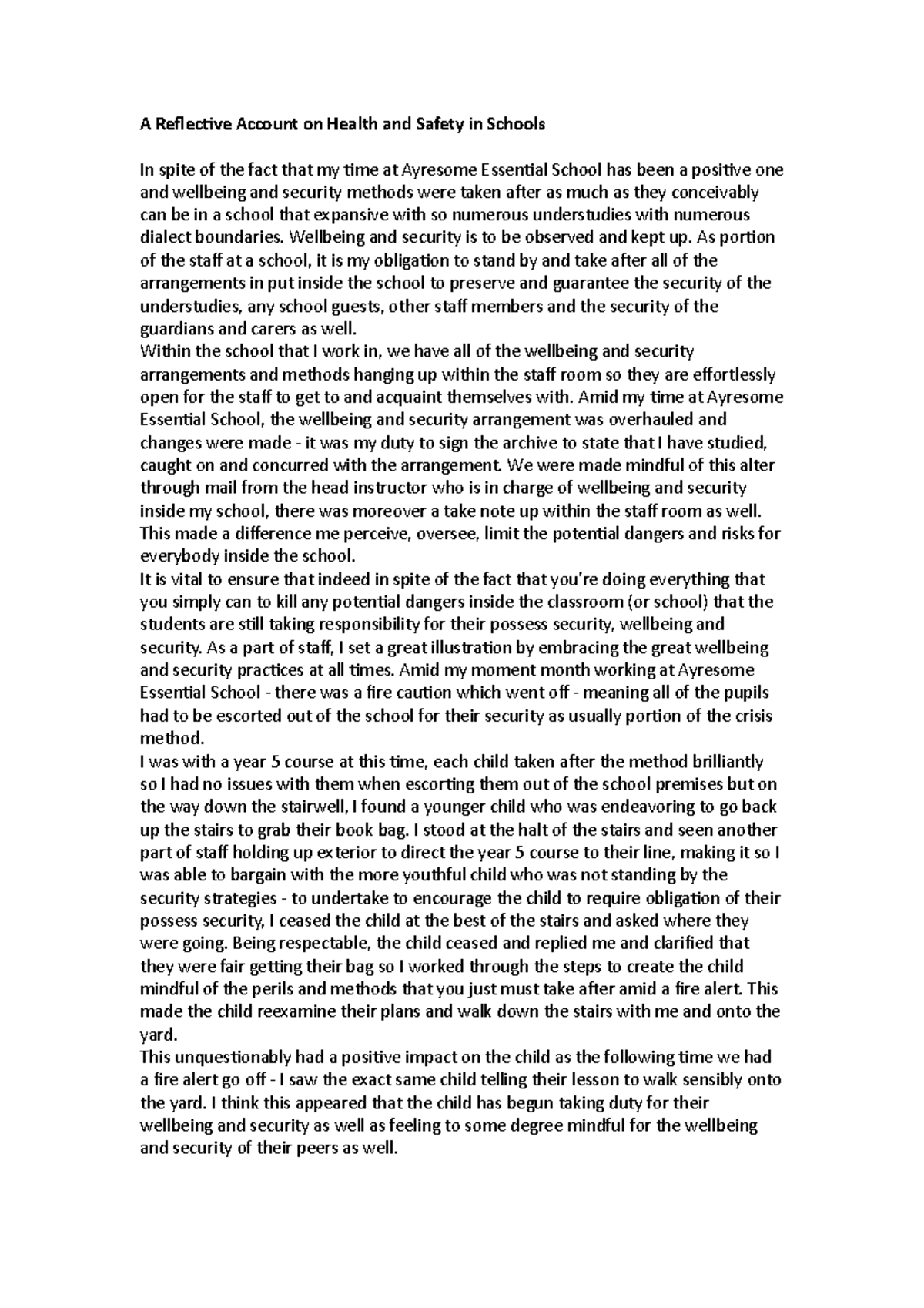 Reflective Account on Health & Safety Practices in Schools - Studocu