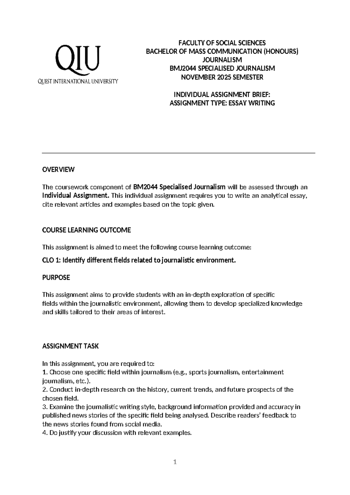 BMJ2044 Individual Assignment Brief: Specialised Journalism Essay - Studocu