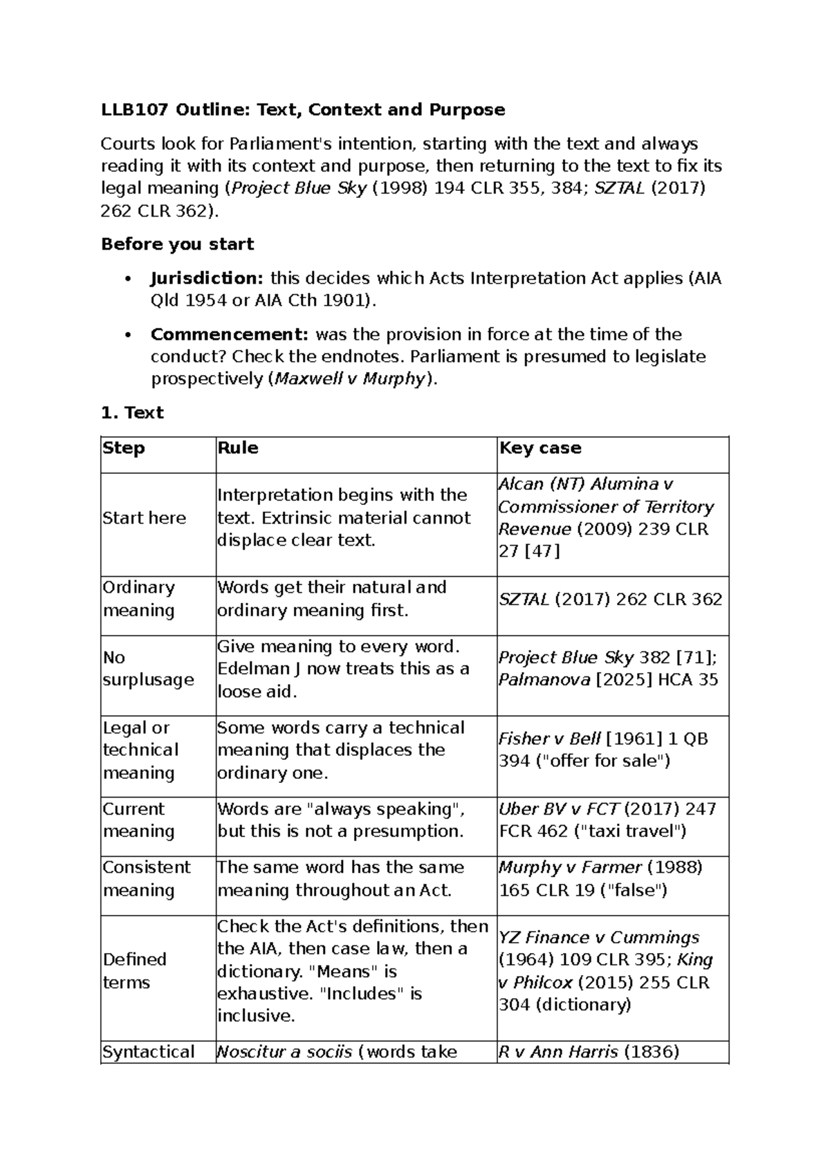 LLB107 Outline: Key Notes on Statutory Interpretation Techniques - Studocu