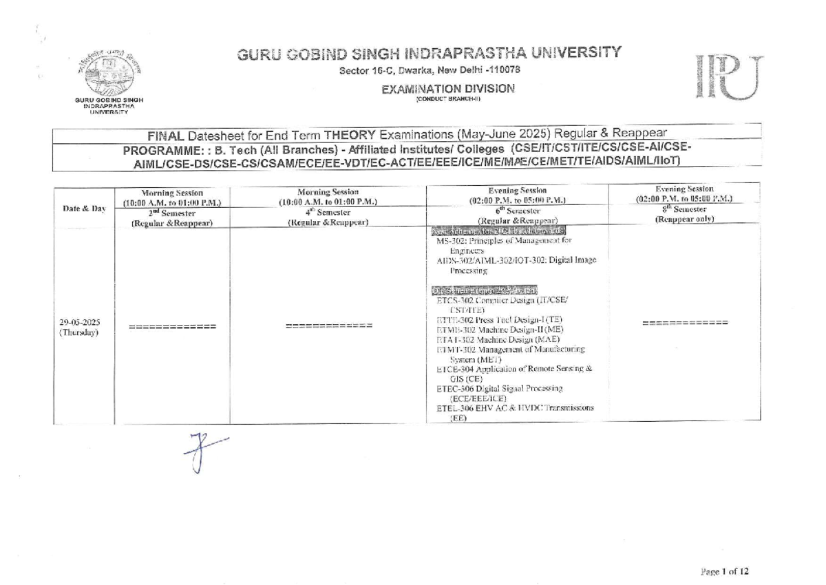 Final Theory Examination Datesheet for B. Tech (All Branches) 2025 ...