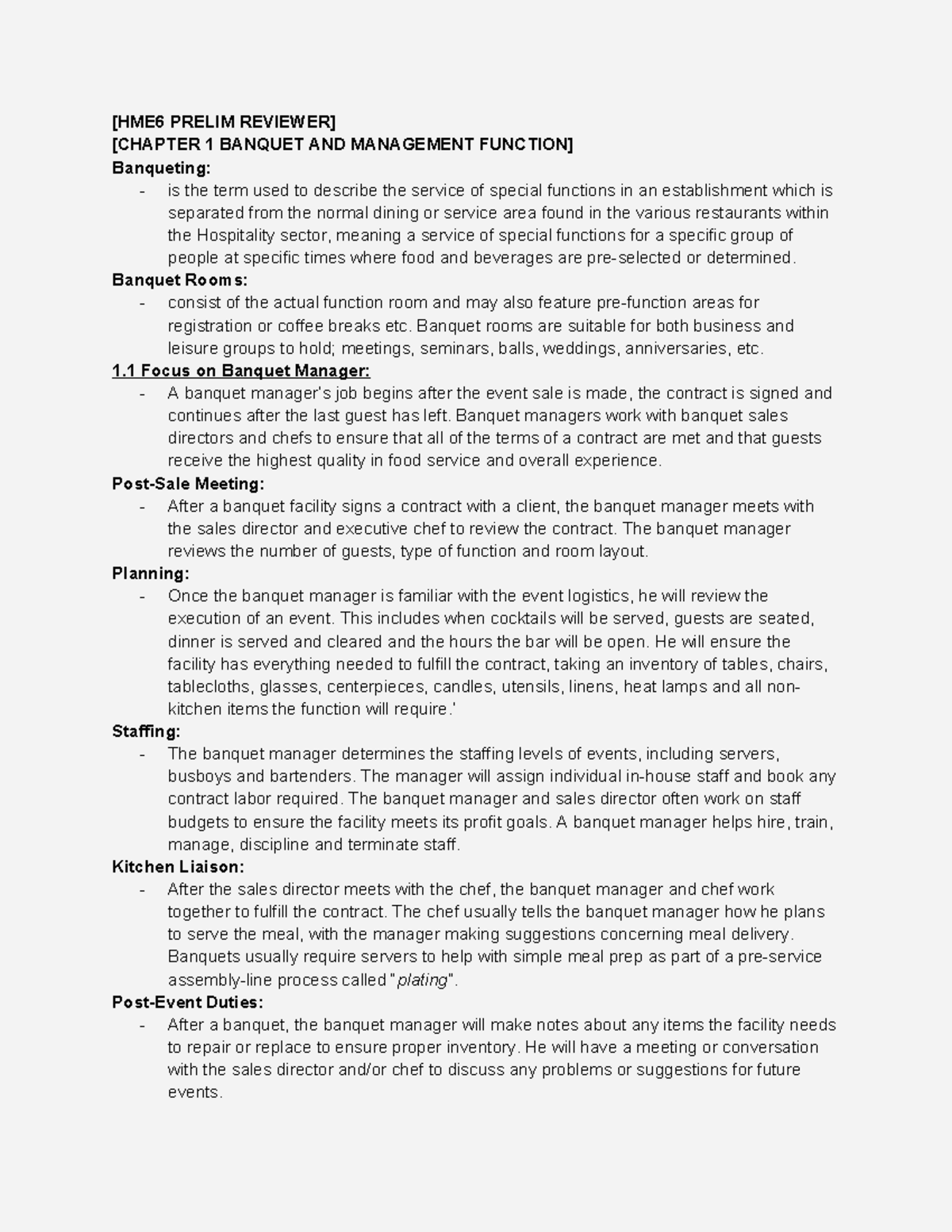 HME6 - Prelim 1: Banquet Management and Service Overview - Studocu