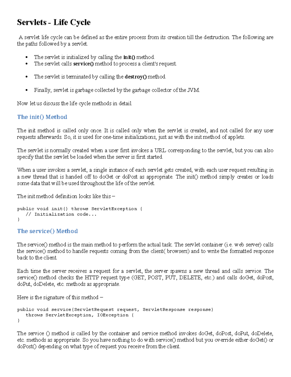Servlet life cycle - The following are the paths followed by a servlet ...
