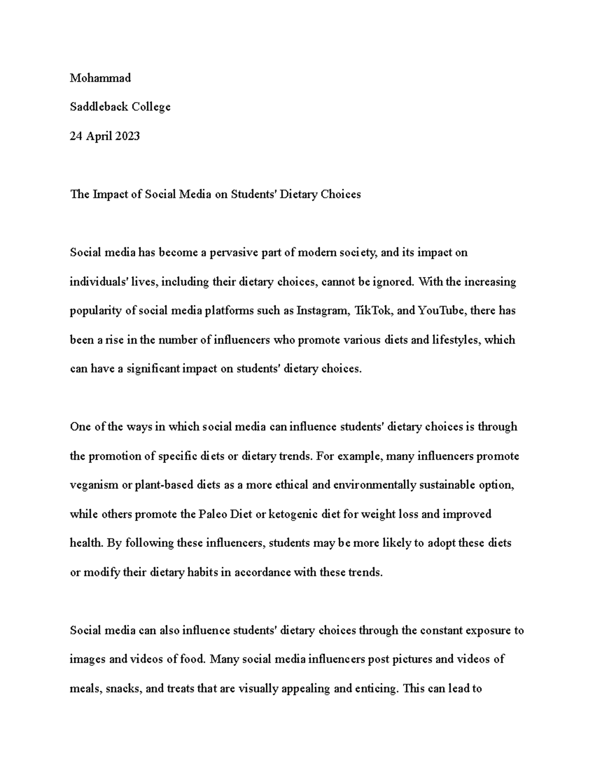 SOC 101: The Role of Social Media in Students' Dietary Choices - Studocu