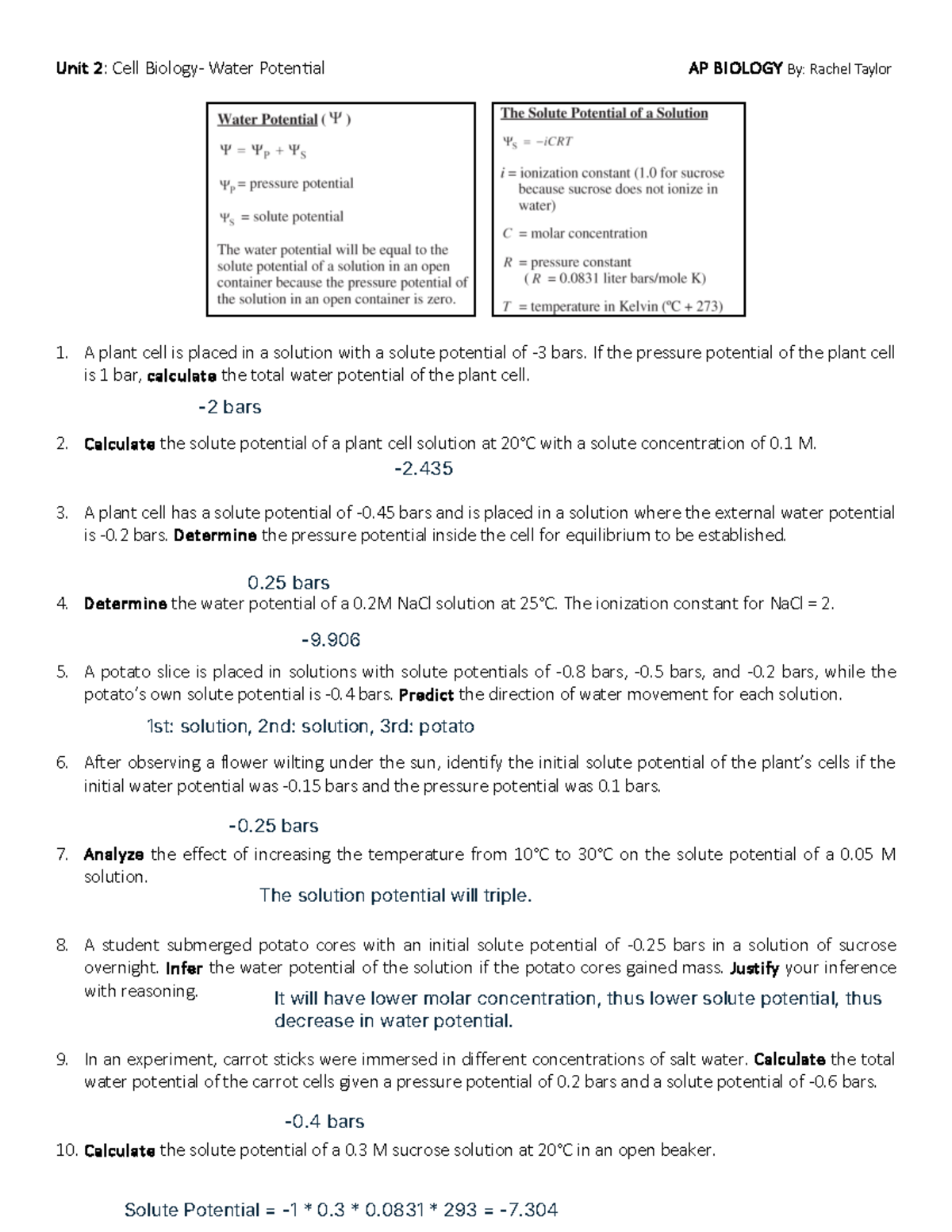 AP Biology water potential practice 2 - Unit 2 : Cell Biology- Water ...