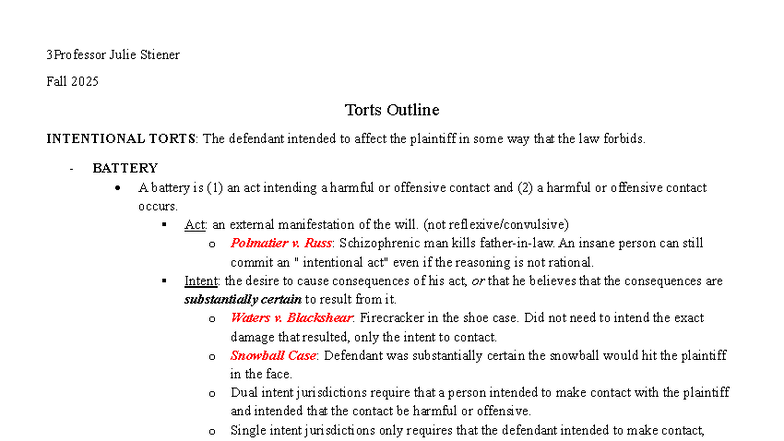 Torts Outline (Fall 2025): Key Concepts and Case Summaries - Studocu