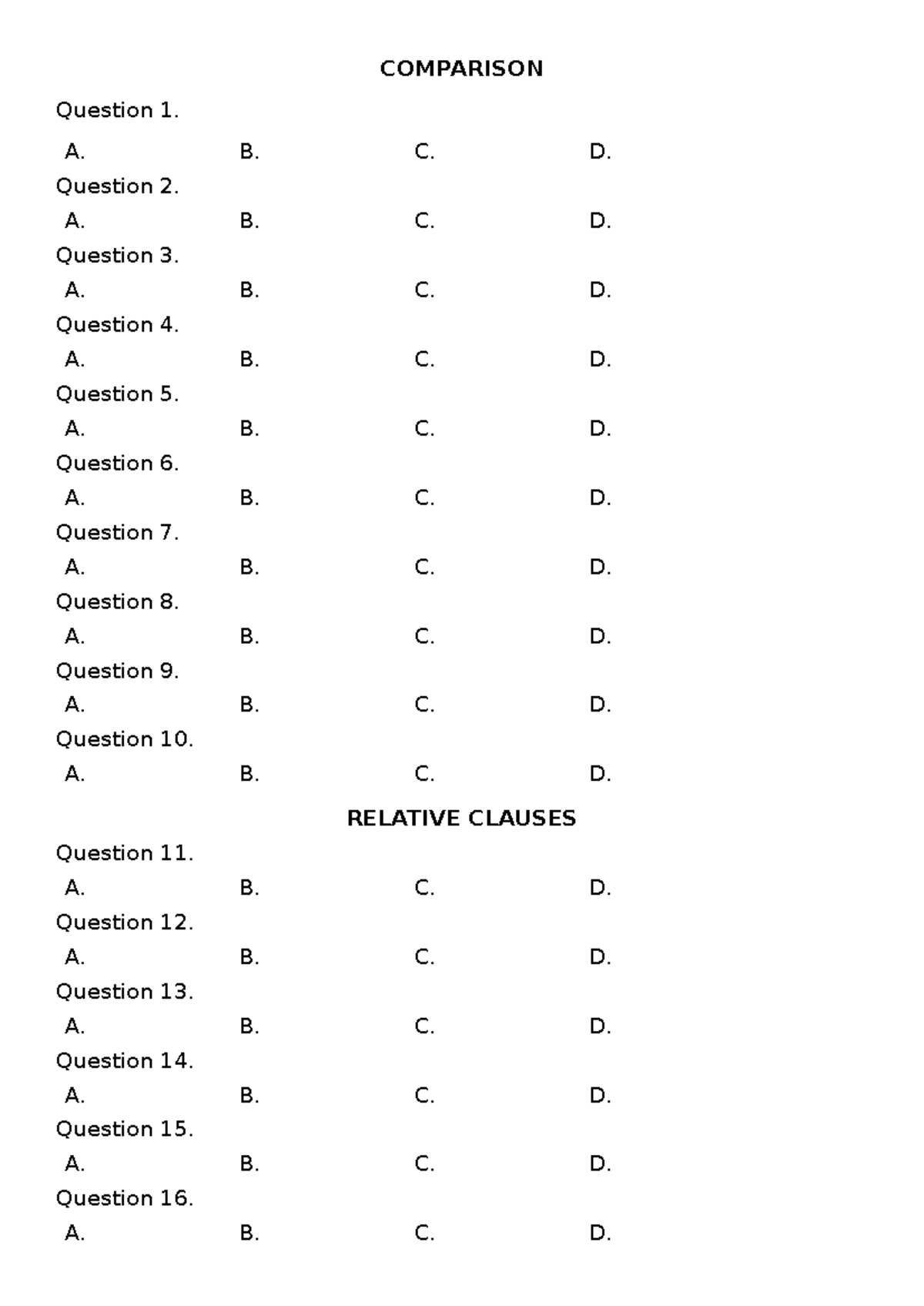 Multiple Choice GHK2 - 10 - COMPARISON Question 1. A. B. C. D. Question ...
