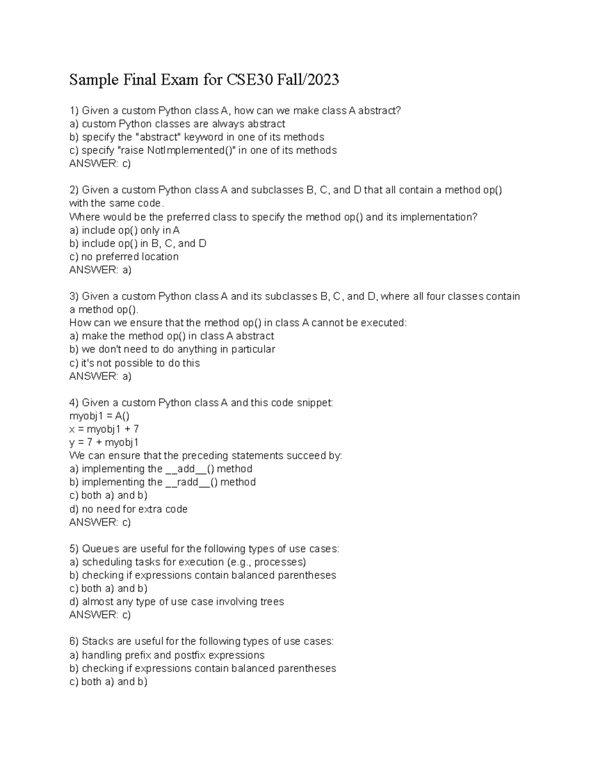 CSE30 Fall 2023 - Sample Final Exam Questions and Answers - Studocu