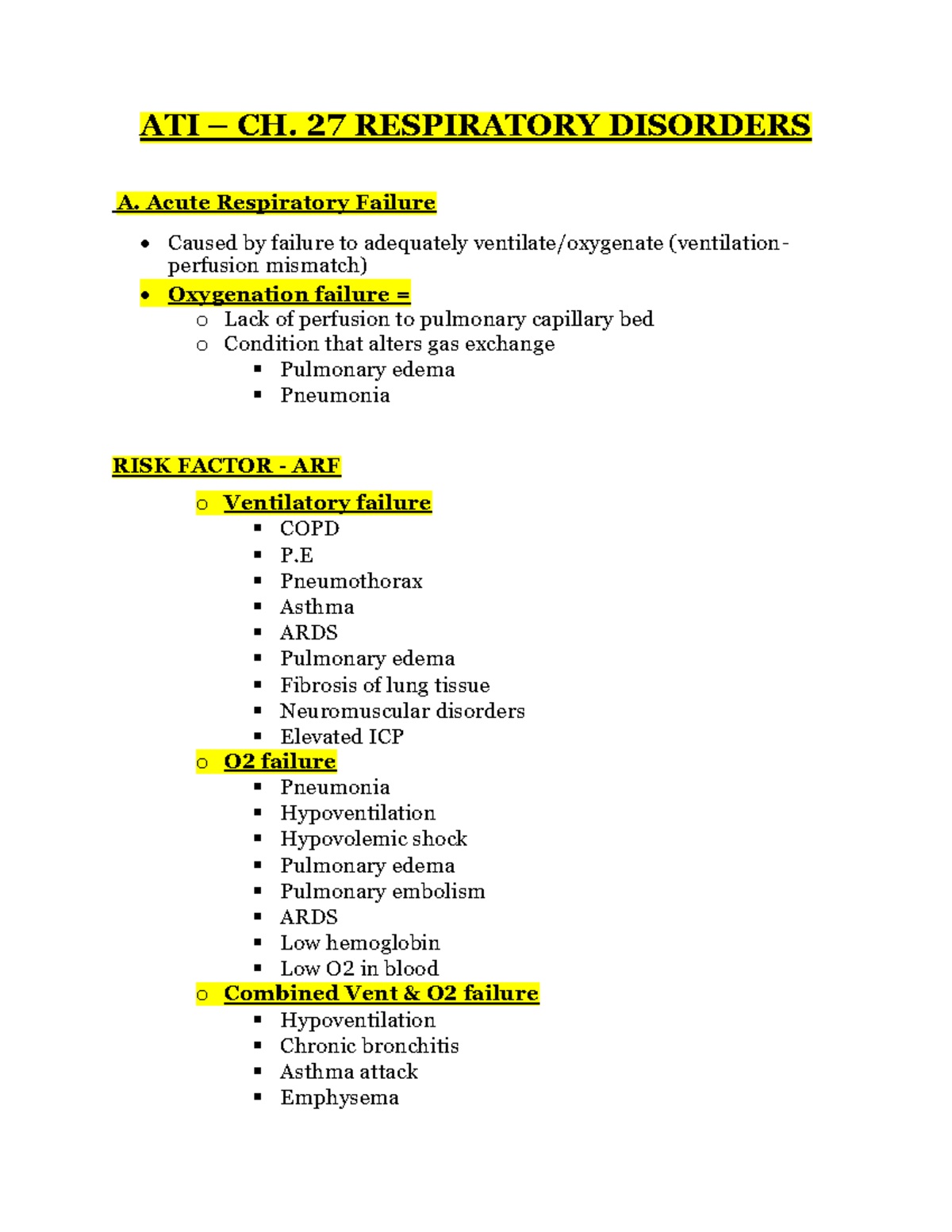 ATI - Respiratory Disorders: Acute Failure, ARDS, Trauma Notes - Studocu