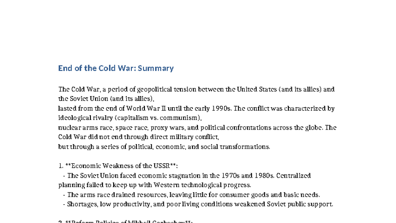 HIST 201: End of the Cold War - Key Summary Points - Studocu