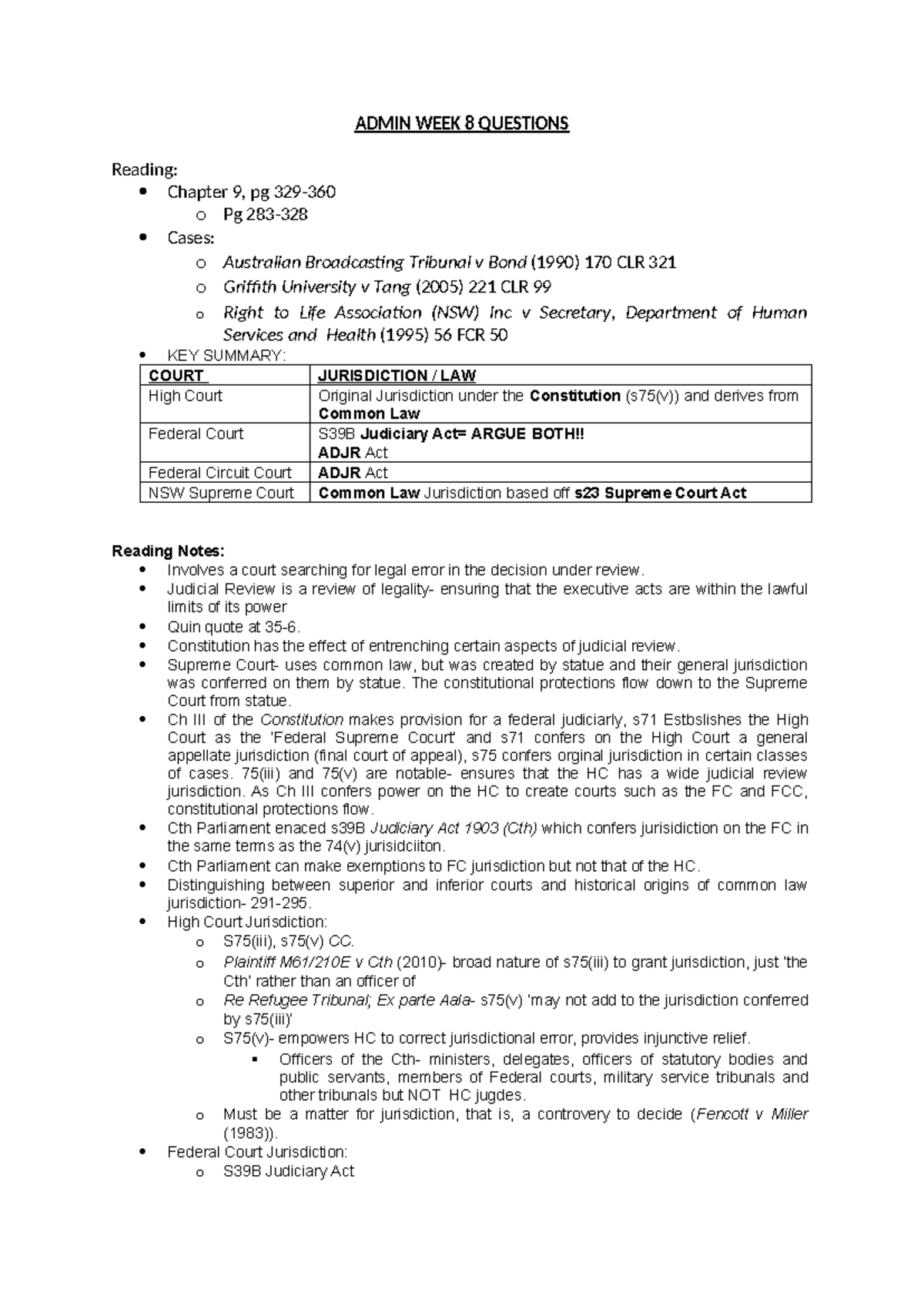 Admin Law Weekly Notes - Week 8 Questions & Key Cases (Admin 101) - Studocu