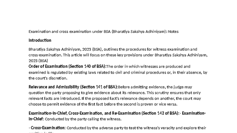 BSA 2023: Examination & Cross-Examination Notes on Witness Procedures ...