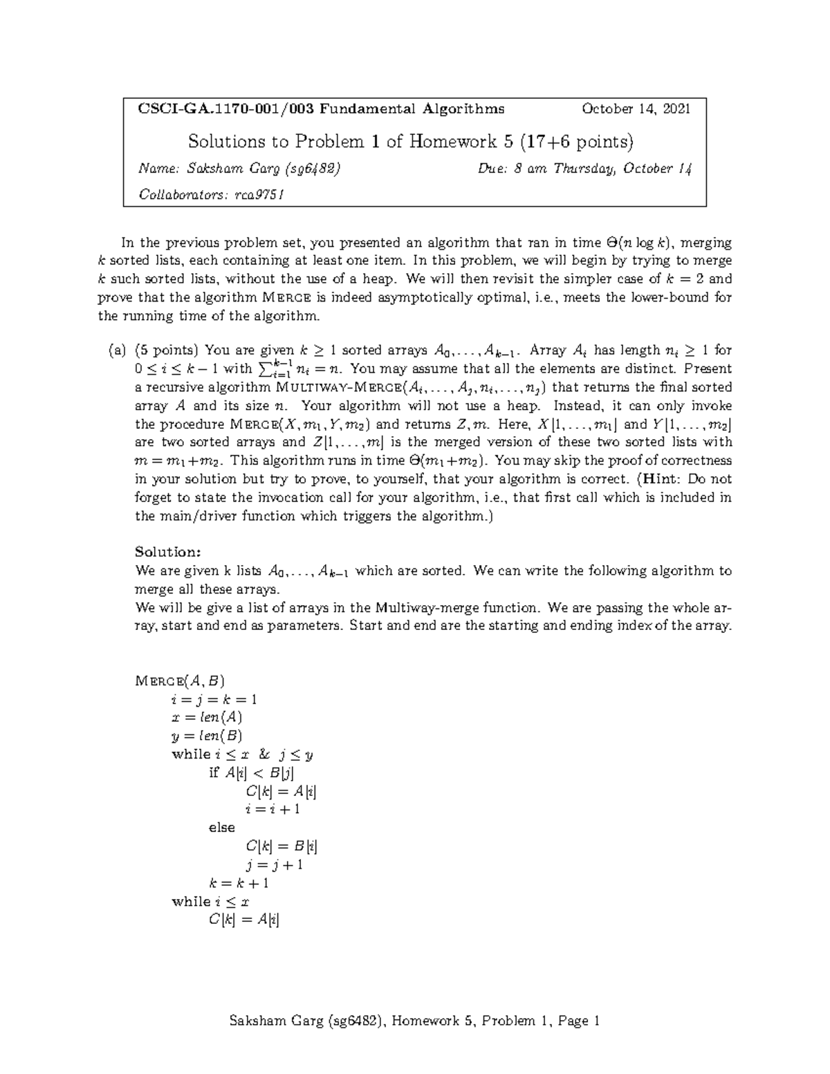 CSCI-GA-001/003 Homework 5 Solutions: Fundamental Algorithms - Studocu