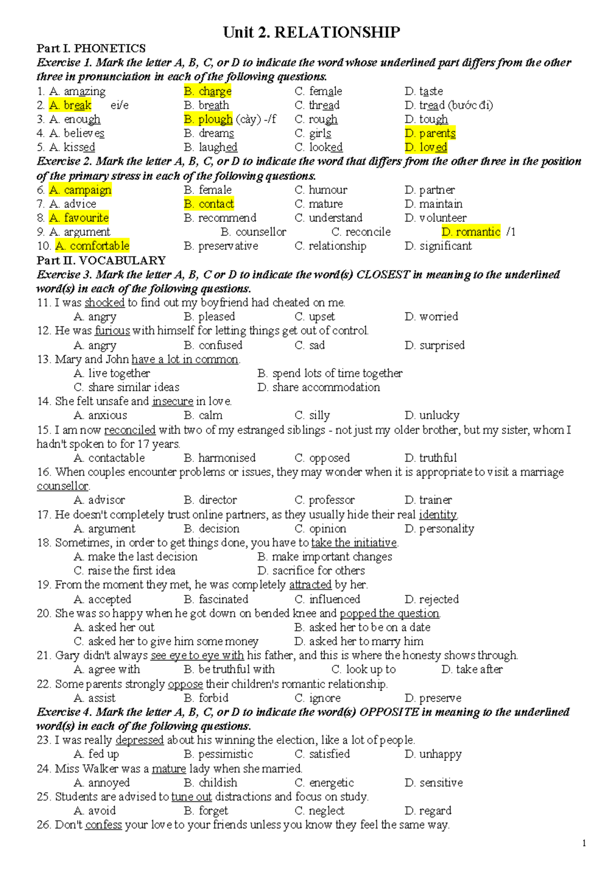 Unit-2 - practice - Unit 2. RELATIONSHIP Part I. PHONETICS Exercise 1 ...