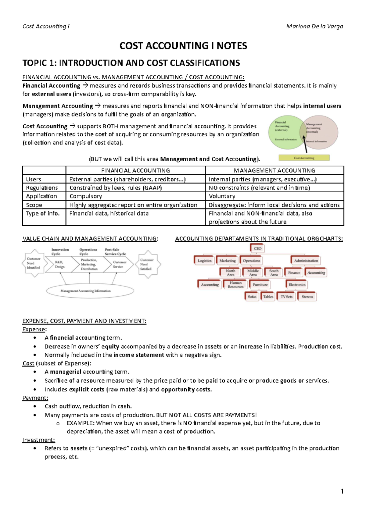 COST I: Accounting Notes on Cost Classifications and Analysis - Studocu