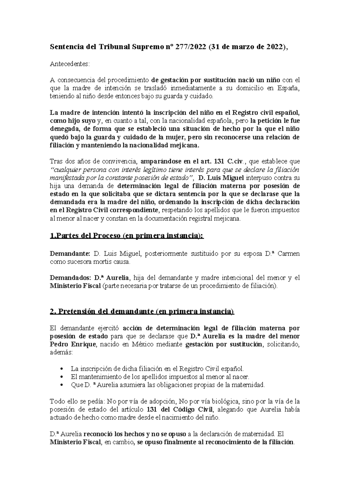 Sentencia del Tribunal Supremo nº 277/2022 sobre Filiación y Gestación ...
