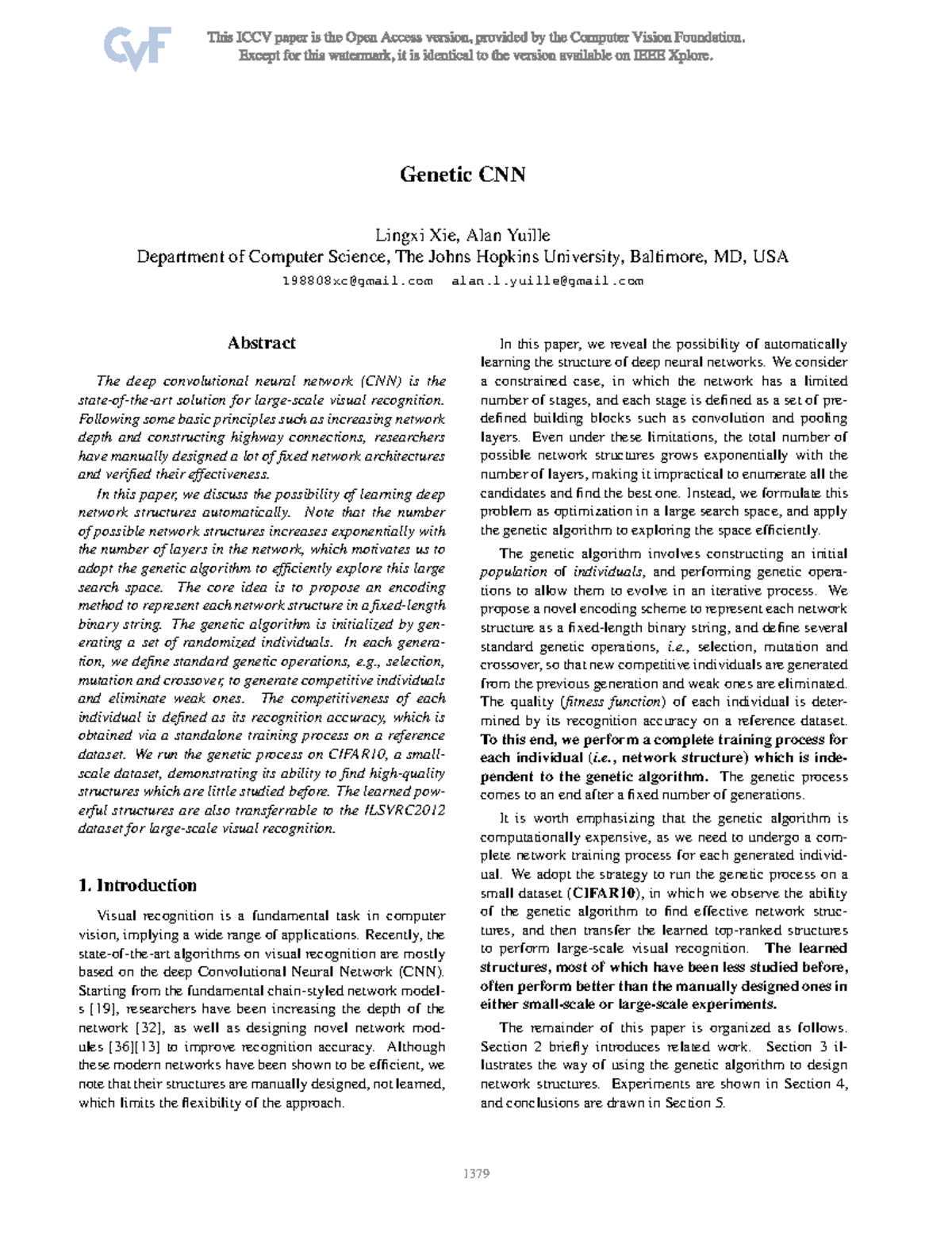 Genetic CNN Architecture Learning via Genetic Algorithm - ICCV 2017 ...