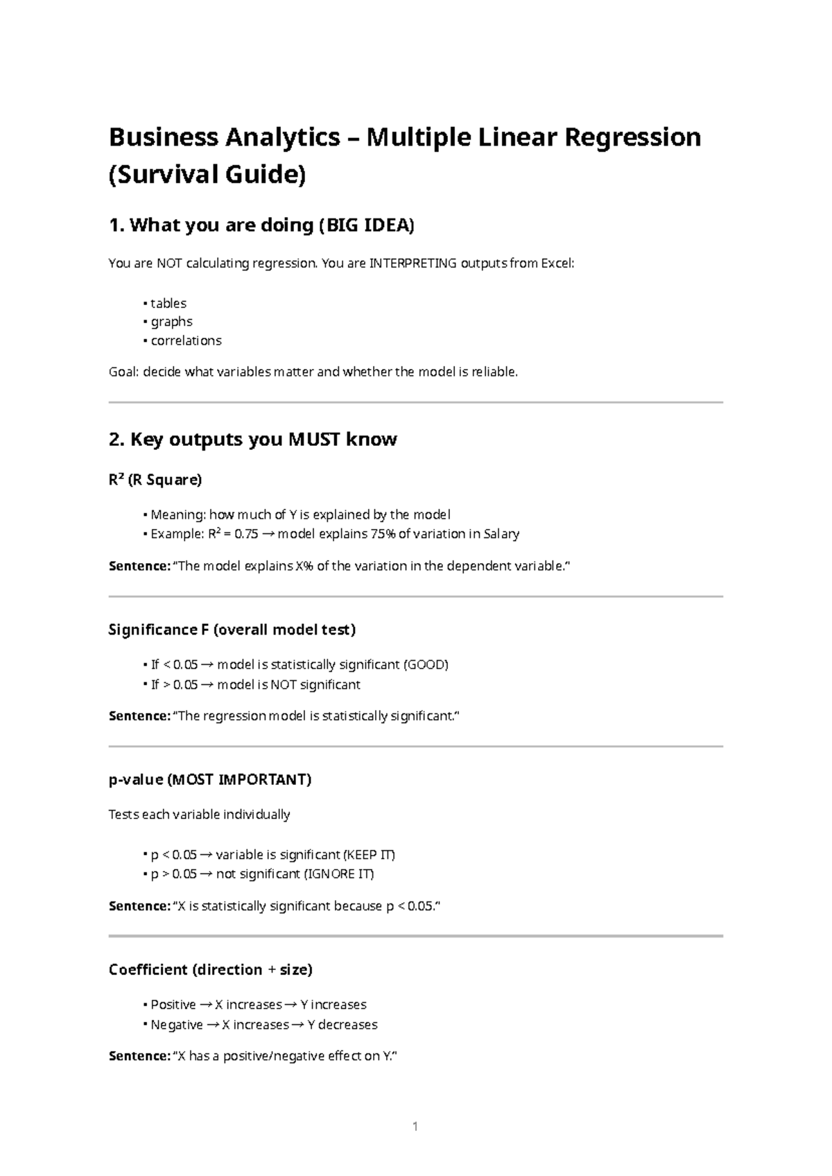 Business Analytics BA 101: Multiple Linear Regression Survival Guide ...